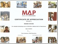 Certificate of appreciation by Medical Aid for Palestinians